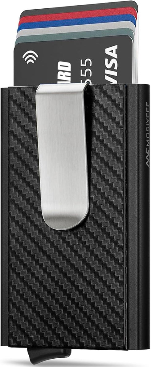 MOSIYEEF Minimalist Stealth Wallet for Men - Pop Up Men Wallet with Money Clip - Leather-wrapped Slim Compact Card Holder Carbon Fiber Card Wallet...
