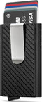 MOSIYEEF Minimalist Stealth Wallet for Men - Pop Up Men Wallet with Money Clip - Leather-wrapped Slim Compact Card Holder Carbon Fiber Card Wallet...