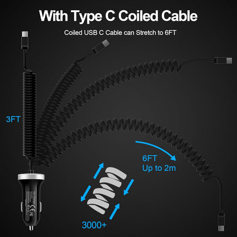 USB C Type C Car Charger Fast Charging for iPhone 15/15 Pro/15 Plus/15 Pro Max, Android Auto USB C Coiled Cable for Samsung Galaxy A05/A05S/A54 5G...