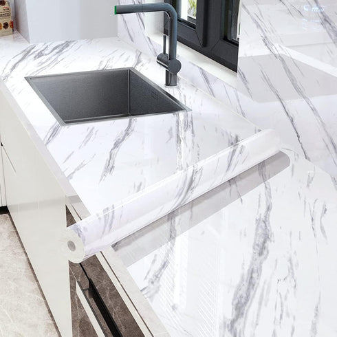Erfoni Gray White Marble Contact Paper Granite Wallpaper Peel and Stick Countertop 11.8inch x 78.7inch Grey Glossy Marble Self Adhesive Wall Paper...