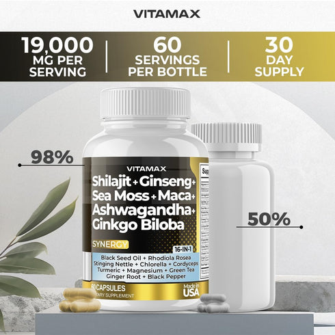 Pure Himalayan Shilajit Supplement 10,000mg Ashwagandha 6,000mg Sea Moss 2,000mg Rhodiola Rosea 1000MG Gingko Biloba 500mg Trace Mineral Capsules ...