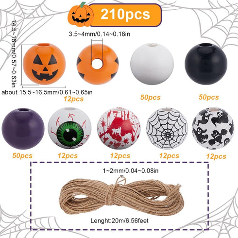 210Pcs Halloween Wooden Beads Holiday Wood Beads Round Spacer Bead Garland Hanging Ornaments with Jute Rope for Jewelry Making Supplies DIY Neckla...