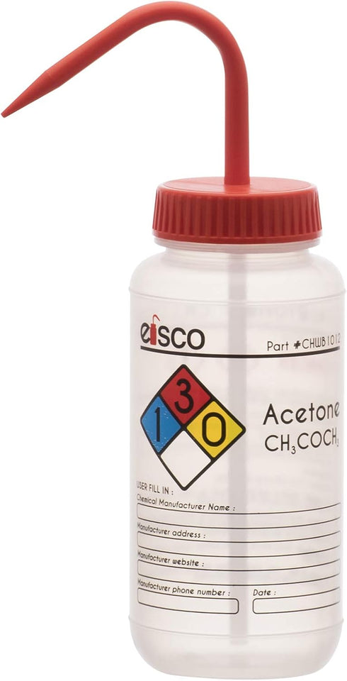 EISCO 2PK Wash Bottle for Acetone, 500ml - Labeled with Color Coded Chemical & Safety Information (4 Colors) - Wide Mouth, Self Venting, Low Densi...