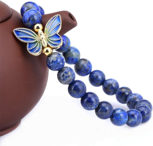 Gem Stone King 8mm Simulated-Lapis Lazuli 18K Yellow Gold Plated Silver Cloisonne Enamel Butterfly Bracelet For Women...