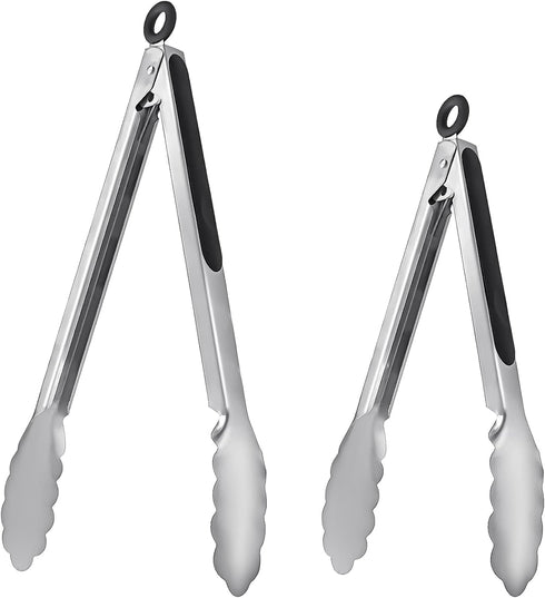 ALLTOP Metal Cooking Tongs,Stainless Steel Food Tong with No-slip Silicon and Locking Ring for Kitchen - 9 &12 inch,Set of 2-Black...