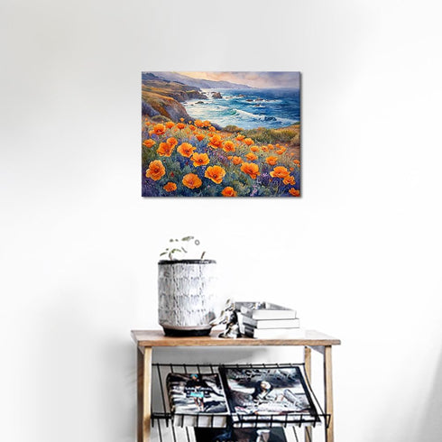 Rebotipy Flowers Paint by Numbers for Adults A Field of Poppies on The Coast Paint by Number on Canvas Without Frame,DIY Oil Painting for Gift Hom...