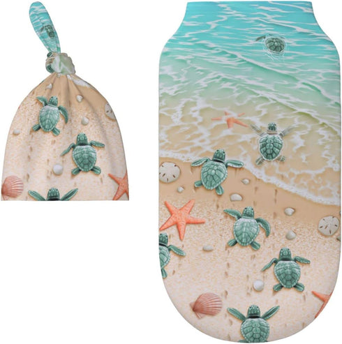 Beach Sea Turtle Baby Newborn Swaddle Blanket with Beanie Hat Set, 100% Cotton Receiving Blankets Sleep Sack for Boy & Girl Newborn Shower Gift...