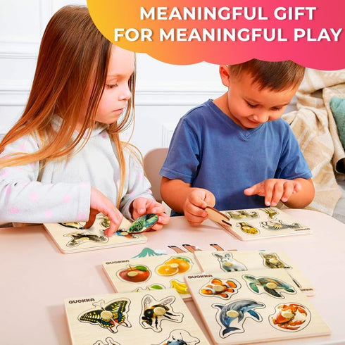 QUOKKA Wooden Puzzles for Toddlers 1-3 – 4 Set Pegged Puzzles for Kids Ages 2-4 – Animal and Birds Learning Toy for Kids – Gift Realistic Educatio...