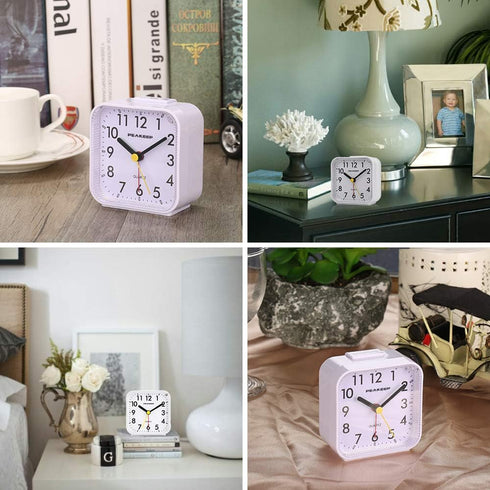 Peakeep Small Battery Operated Analog Travel Alarm Clock Silent No Ticking, Lighted on Demand and Snooze, Beep Sounds, Gentle Wake, Ascending Alar...