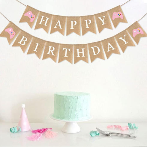 Video Game Birthday Decorations for Girls Kids and Adults, Pink Game Controller Happy Birthday Burlap Banner,Game Zone Gamer Themed Birthday Sign ...