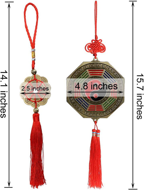 MDLUU 3 Pcs Bagua Mirror Feng Shui Ornaments, Guardian Lion Biting A Sword, Ancient Coins with Chinese Knot Tassel, Lucky Charm for Gifts, Home Pr...