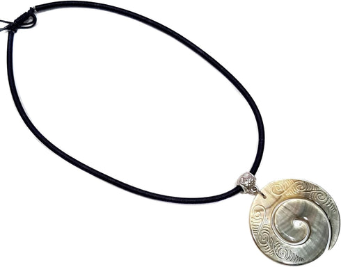 Hand Carved Maori Mother of Pearl Shell Koru Peace Pendant 16 to 27 inches Adjustable Cord necklace Handmade Jewelry CA239-N...