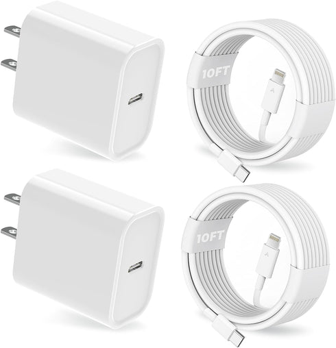 iPhone Charger, 2 Pack 20W PD USB C Wall Fast Charger Adapter with 2 Pack 10FT Long Type C to Lightning Cable Compatible with iPhone 14 13 12 11 P...