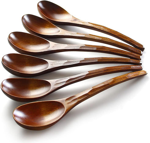 Soup Spoons,AOOSY Wooden Soup Spoons, 6 Pieces 7.84 inches Japanese Ramen Spoons Round Nanmu Wood Long Handle Rice Dessert Cooking Tasting Dinner ...