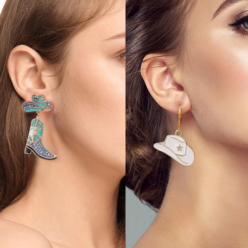 12 Pairs Beaded Cowboy Earrings for Women Pendant Rhinestone Enamel Boot Hat Drop Dangle Earrings...