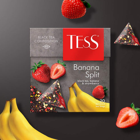 Tess Banana Split Black Tea CompositionBlack Tea, Banana and Strawberry Leaf Tea in 20 Pyramid Sachets...