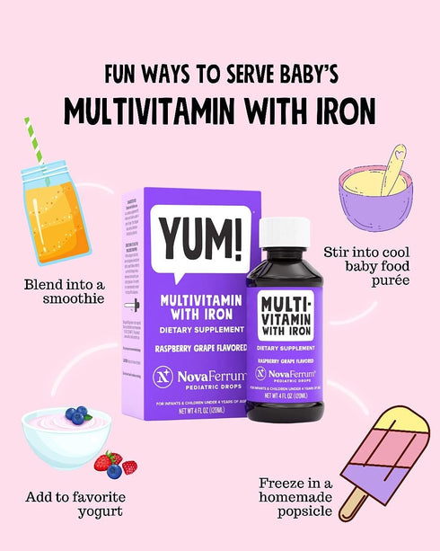 NovaFerrum Yum | Multivitamin with Iron for Infants, Toddlers & Kids | Immune Support | Ages 4 & Under | Gluten Free Certified | Sugar Free | Rasp...
