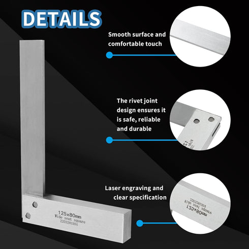 Machinist Square, 5" x 3.2" Mechanical Steel High Precision Square, Wide Seat Square 90 Right Angle Engineer Tool L-Type Measuring Tool for Woodwo...