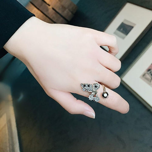 Kokoma Black Crystal Butterfly Ring for Women Cubic Zirconia Daisy Flower Open Statement Rings Wrap Finger Band Engagement Promise Rings...