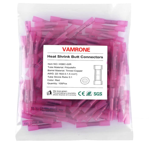 Heat Shrink Butt Wire Connectors, 100Pcs 22-16 AWG Red Insulated Waterproof Electrical Wire Connectors Automotive Marine Grade Wire Crimp Terminal...