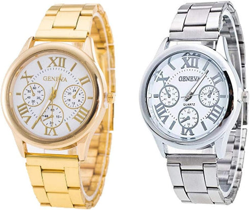 Weicam Women Girls Wholesale 2 Pack Watch Set Roman Numerals Dial with 3 Decorated Small Sub-dials Men Business Stainless Steel Quartz Analog Wris...