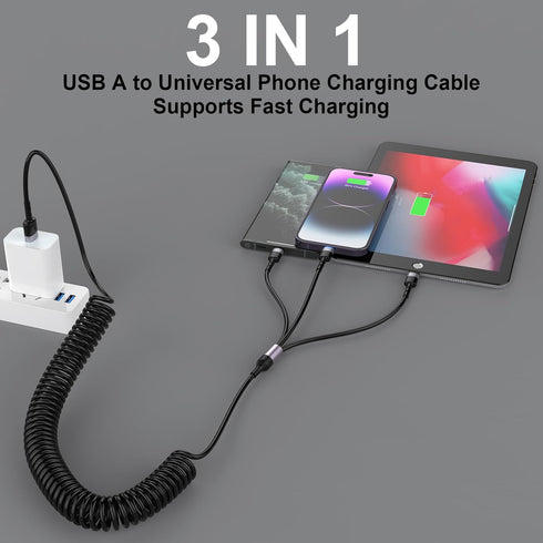 Multi Charging Cable, 3IN1 USB A to Lightning/USB C/Micro USB Coiled Stretch Charging Cords 5FT-6.6FT with Carplay, for iPhone 15/14/13/12/11 Pro ...