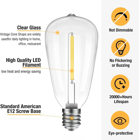Woolmug 6 Pack Edison LED Shatterproof Waterproof Bulbs, Dimmable E12 Replacement Bulbs for ST38 String Lights, 2700K Warm White, Energy Efficient...