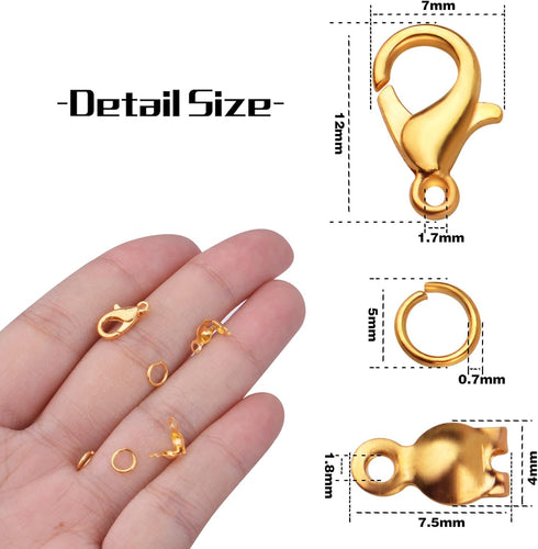 500pcs Jewelry Making Accessories Kit, 200pcs Knot Covers Clamshell Fold-Over Bead Tips 100pcs Lobster Claw Clasps and 200pcs Open Jump Rings Conn...