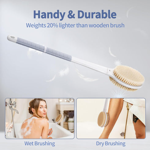 Back Scrubber Body Shower Brush: Anti Slip Long Handle Bath Brush with Stiff and Soft Bristles - Showering Exfoliator for Women, Men, Elderly (Gre...