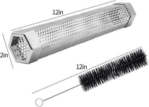Pellet Smoker Tube, 12'' Smoker Tube with Brush, Premium Stainless Steel BBQ Wood Pellet Tube Smoker, 5 Hours of Billowing Smoke Tube Smoker for A...