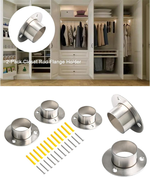Stainless Steel Closet Rod Flange Holder for Diameter 1.5 inch (38mm) Steel Pipe, Pack of 2...