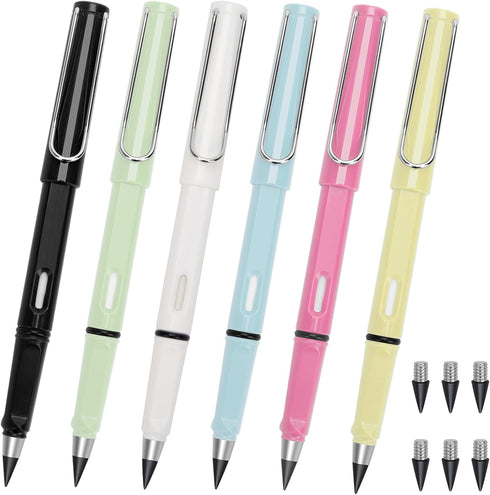 6pcs Everlasting Pencil Unlimited Inkless Pencil,Reusable Everlasting Pen with Eraser and 6pcs Replacement Nibs,Erasable Infinite Pens for Student...