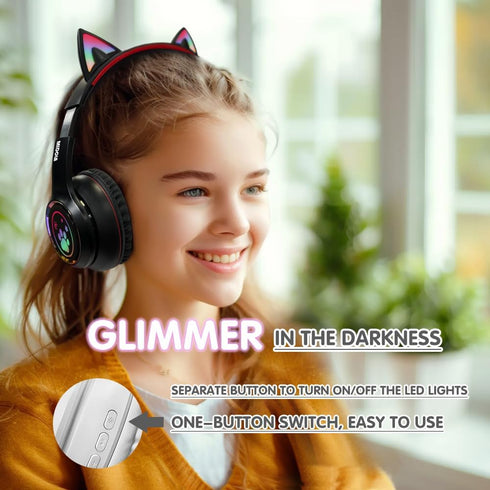 Headphones Cat Ear Wireless Bluetooth 5.3 60H Over Ear, 8H with Led Light Foldable Music Gaming Headset with Aux 3.5mm Mic for Game Pad Tablet Lap...