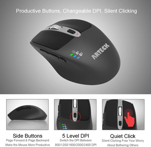 Arteck Wireless Bluetooth Mouse with Nano USB Receiver, Black, 4-Month Battery Life, Ergonomic Design...