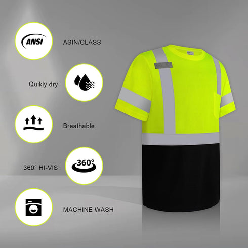 High Visibility Shirts for Men Class 3 Construction Shirts with Pocket, Hi Vis Reflective Safety Work Shirts for Men Women, Short Sleeve with Blac...