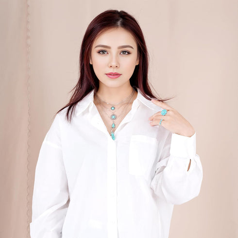 Turquoise Necklaces 12Pcs Turquoise Jewelry Set Include 4Pcs Turquoise Layered Necklaces 8Pcs Turquoise Stacking Knuckle Rings for Women (Silver)...