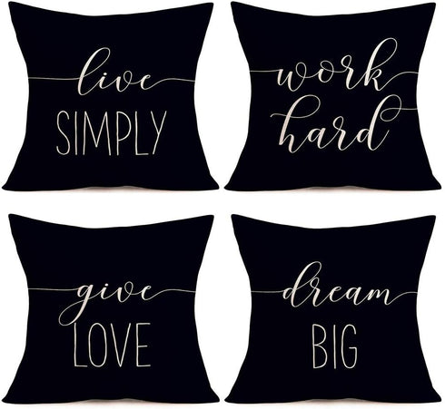 Simple Quote Black Pillow Covers 18x18 Inch Set of 4 Live Simply, Work Hard, Give Love, Dream Big Cotton Linen Cushion Cover for Home Sofa Chair D...