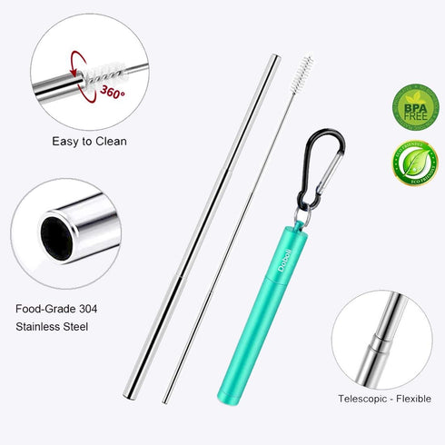 2 Pack Reusable Metal Straws Collapsible Stainless Steel Drinking Straw Travel Portable Telescopic Straw with Case,2 Cleaning Brushes Included Bla...