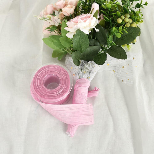 TONIFUL 2 Inch x 25 Yards Wide Pink Crinkled Ribbon Silk-Like Wrinkled Ruffled Woven Solid Ribbons for Crafts Floral Bouquets Rustic Wedding Decor...