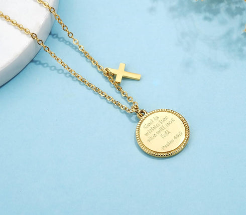 14K Gold Plated Engraved Coin Pendant Necklace for Women Christian Bible Verse Cross Necklace Prayer Faith Religious Jewelry Gifts...