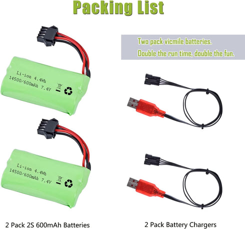 7.4V Li-ion Battery 600mAh 2S Rechargeable Lithium Battery with SM-4P Plug and USB Battery Charger Cable 2Pack......