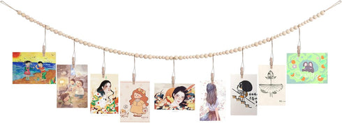 Wall Hanging Photo Display with Wooden Beads Garland, Collage Picture Frame for Boho Wall Decoration, Photo Holders with 9 Wood Clips, for Rustic ...