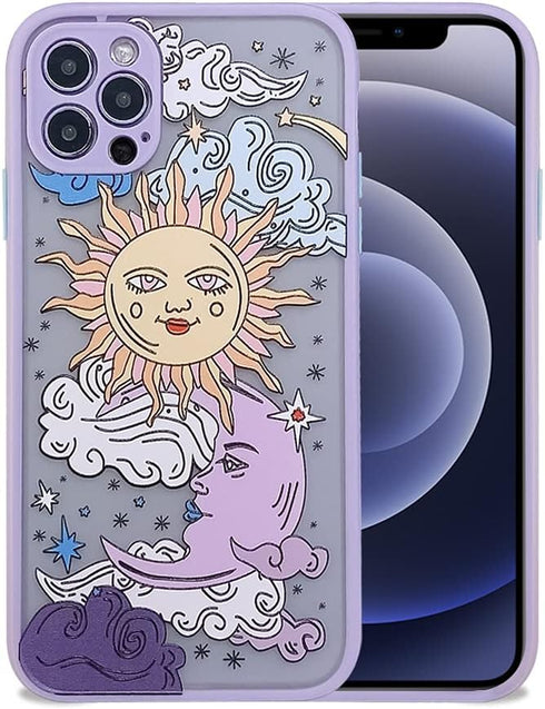 Ownest Compatible with iPhone 12 Pro Max Case for Clear Frosted PC Back 3D Sun Moon Cartoons Girls Woman and Soft TPU Bumper Silicone Slim Case fo...