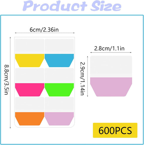 600Pcs/5 Packs Sticky Index Tabs Flags, Fluorescent Writable Sticky Index Tabs Self-stick File Tabs Flag Filing Tabs Page Markers Note Index Marke...
