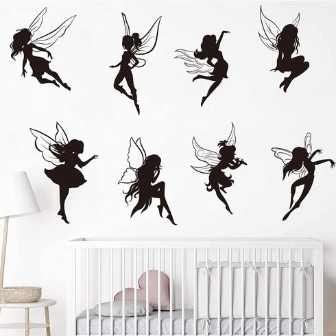 Black Fairy Girls Room Wall Decal DIY Cute Fairy with Large Wings Silhouette Wall Stickers Murals Decor Peel & Stick Baby Nursery Room Kids Bedroo...
