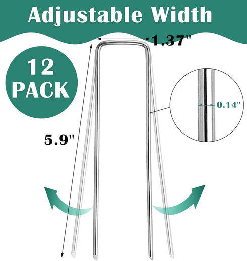 12 Pack Garden Stakes Landscape Staples, 5 inch U-Shaped Tent Stakes 11 Gauge Galvanized SOD Pins Lawn Stakes for Weed Barrier Fabric Securing, Fe...