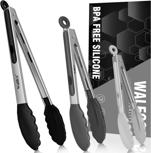 Walfos Silicone Tongs for Cooking - Heat Resistant Kitchen Tongs Set of 3 for Cooking, Grilling, Turning, Stainless Steel and BPA Free Silicone Ti...