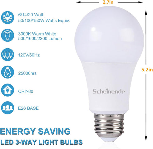3-Way Led Light Bulbs A21 (6 Pack), 50 100 150 Watt Equivalent, Perfect for Reading, 3000K Warm White, Indoor Standard E26 Bulb, Energy Efficient ...