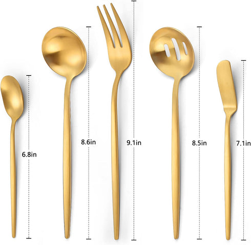 Matte Gold Serving Silverware Set, 5-Piece Round Shared Utensils Set of Stainless Steel, Hostess Flatware Serving Set, Satin Finish, Dishwasher Sa...