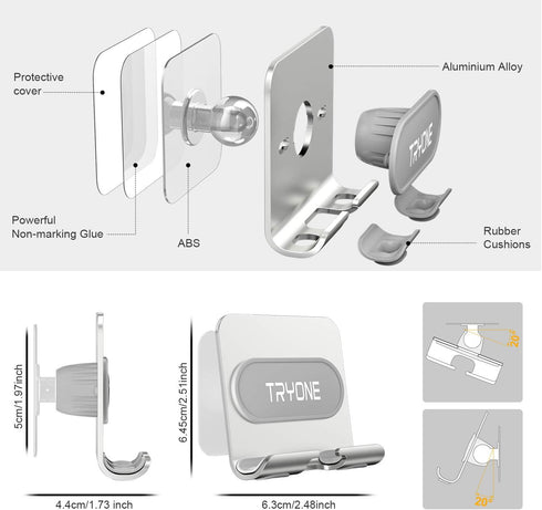 Wall Mount Cell Phone Holder - Mirror Adjustable Cellphone Stand with 2Pcs Adhesive Sticky Pads for Bathroom Bedroom Kitchen or Dorm, Compatible w...